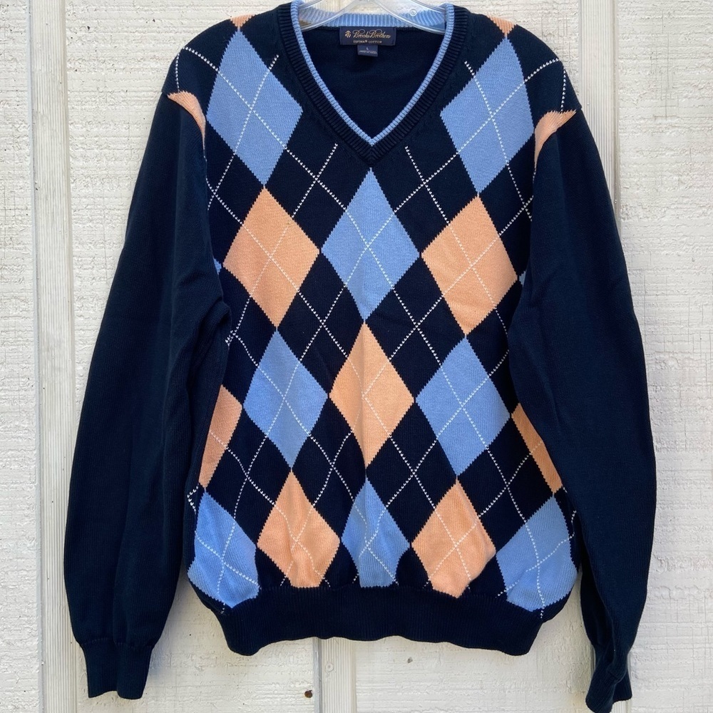 Brooks Brothers Supima Cotton Sz Large Navy Blue Sweater V -Neck Argyle Preppy